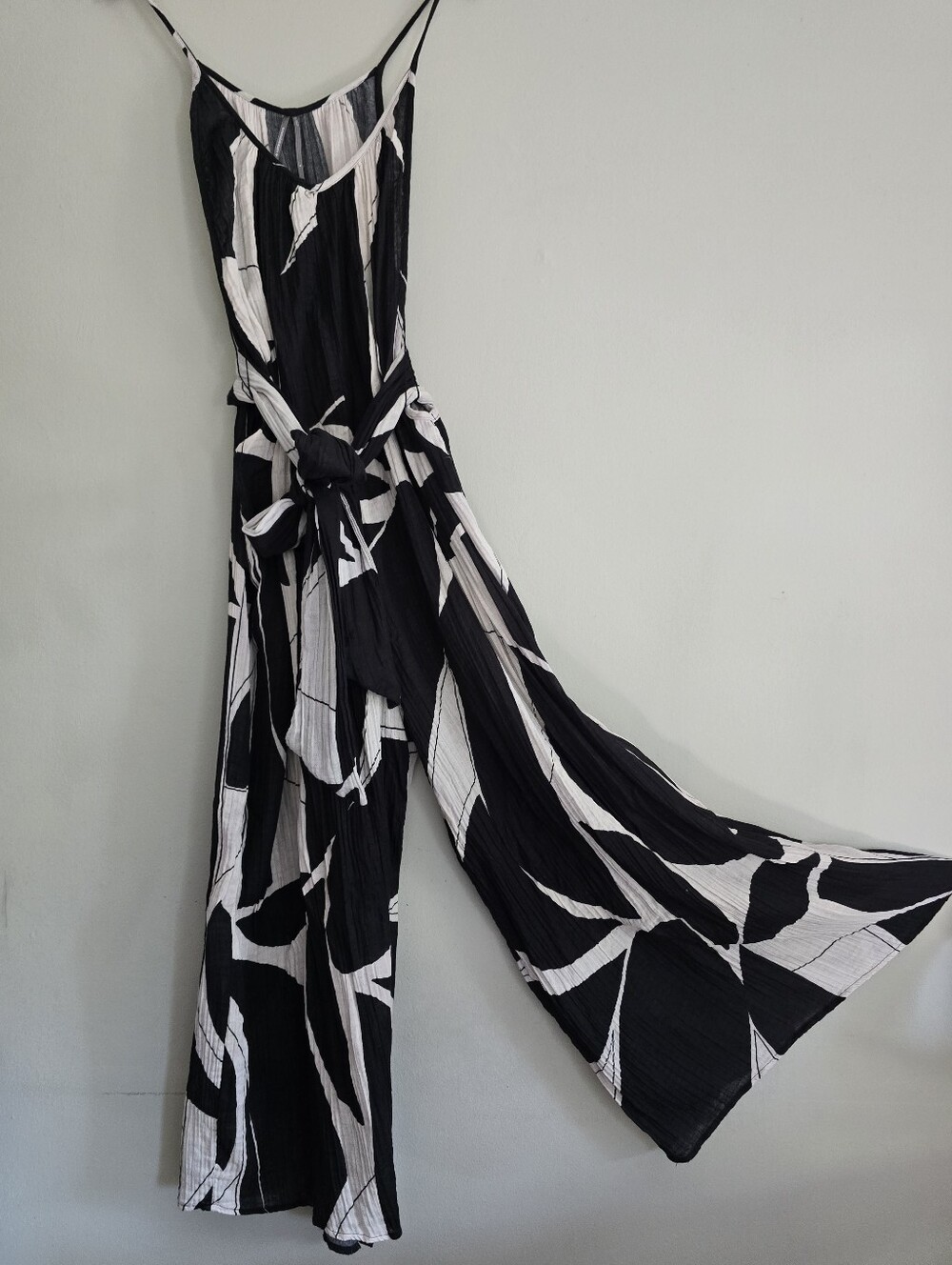 Anthropologie Boho White Black Sheer Print Cotton Gauze Wide Leg Jumpsuit, Large - Picture 3 of 8